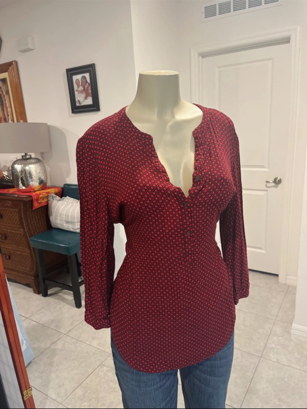 grand & greene Red Patterned Long-Sleeve Henley Blouse